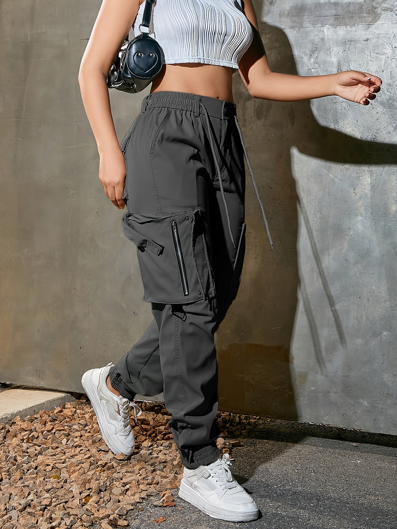 1pc Women'S Casual Cargo Pants, Polyester, Solid Color, All-Season Tapered Leg Workwear, 140g/m² Woven Fabric with 3D Pockets
